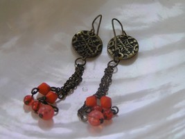 Estate Long Antique Bronze Medallion with Orange &amp; Pink Plastic Beads on Chain - $8.59