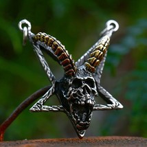 Mens Baphomet Satanic Goat Horns Skull Pendant Punk Necklace Stainless Steel 24&quot; - £9.51 GBP