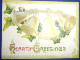 Vintage Embossed Name Card Hearty Greetings Bell Christmas Card - £4.78 GBP