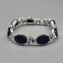Vintage Black Thermoset Bracelet Silver Tone Flower Link Discoloration 6... - $19.99