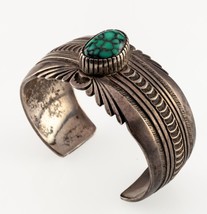 Navajo Turquoise Sunrise Stamped Sterling Silver Cuff Bracelet by R. Taylor - £504.08 GBP