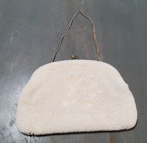 Primary image for Vintage 50s Beaded Evening Purse Bag Clutch White Seed Pearls Hand Made in Japan