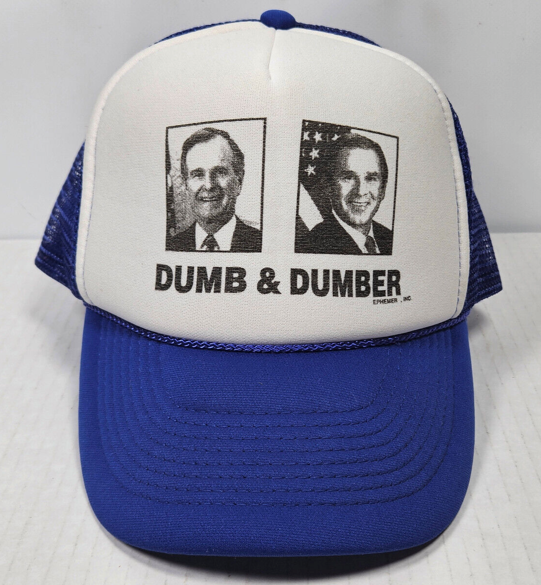 Primary image for Vintage Dumb & Dumber George W Bush & H W Bush Funny Blue Trucker Hat OTTO Cap