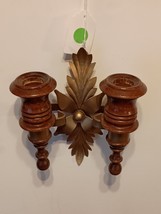 Vintage Wood Metal Gold Finish Double Wall Sconce Mid Century Modern Retro - $49.01