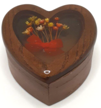 Heart Shaped Wood Trinket Box Lucite Dried Wild Flowers Red Bow Vintage - £14.79 GBP