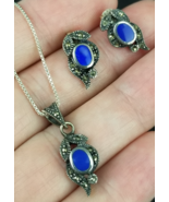 lapis lazuli jewelry set Necklace &amp; Pendant marcasite 925 Sterling - $79.99