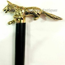 Brass Wolf Handle Black Wooden Walking Stick Vintage Victorian Antique C... - £40.12 GBP