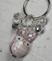 Pink Owl Cluster Keychain Ceramic Crystal Beaded Handmade Split Key Ring... - $14.84