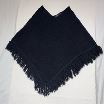 Vintage Black Knit Ponch Tassel Fringe Warm Winter Boho 60s Daisy Jones ... - $37.62