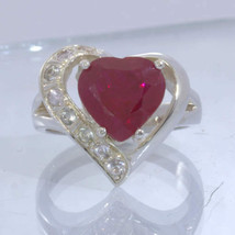 Lab Created Red Ruby Heart White Sapphire Sterling Ladies Ring size 9 Design 91 - £113.12 GBP