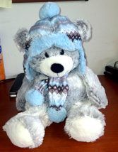 HUG FUN GREY TEDDY BEAR  With  SCARF AND HAT 16 INCH Winter Christmas. - $15.56
