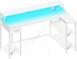 Superjare 53 Inch Reversible L Shaped Desk With Led Lights &amp;, Pu White Drawer - $194.99