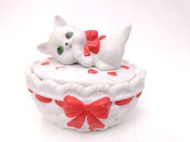 Lefton China Valentine Day 1985 covered candle trinket box cat kitty red heart - £10.24 GBP