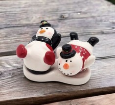 Playing Snowman Penguin Salt Pepper Shakers Porcelain Christmas Holiday Winter - £7.88 GBP