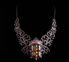 Gothic statement necklace - black rhinestone brooch - smoky topaz pink pendant  - £131.89 GBP