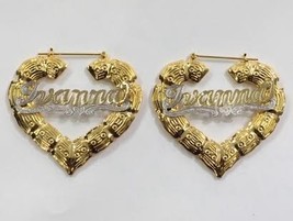 Personalized 14k Gold Overlay Any Name hoop Earrings Heart Bamboo 3 inch - £24.03 GBP