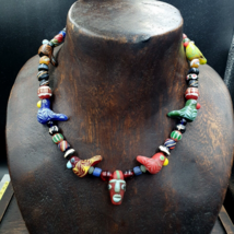 Vintage Colorfull Venetian Style face and birds glass Beads Beaded Necklace - £61.06 GBP