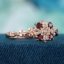 9K Yellow Gold Genuine Garnet and Diamond Vintage Style Floral Ring - $650.00