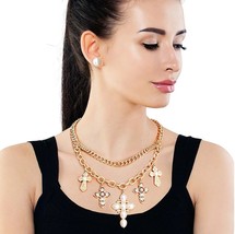 Cream Pearl Cross Charms Pendant Gold Curb Chain Layered Necklace Set 18" - £34.73 GBP