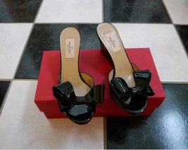 NIB 100% AUTH Valentino Couture Black Patent Leather Bow Wedge Sandals S... - £313.03 GBP