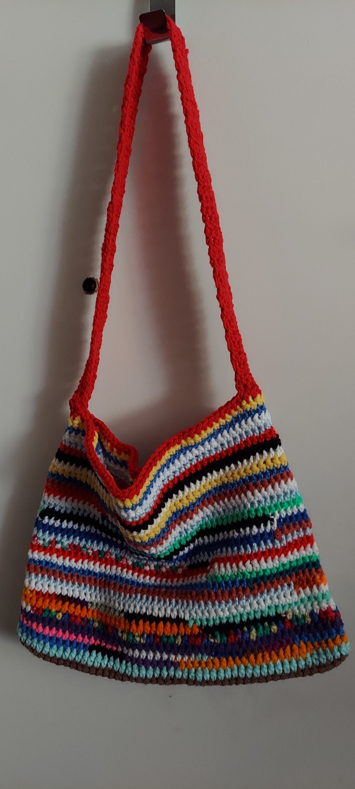Scrap Jillian, hand crocheted purse, 13 inches wide, 11 inches deep, 15 ... - $20.00