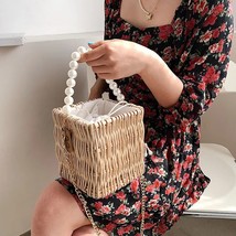 Summer Straw Clutch Bag  Chain  Designer Handbag Small Bucket Shape Beach Bag Fe - £54.31 GBP