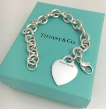 7” Small Tiffany &amp; Co Silver Blank Heart Tag Charm Bracelet with Tiffany... - £203.73 GBP