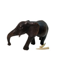 Wooden Elephant With Tusks Vintage Solid Carved Dark African Trunk Down Figurine - £15.66 GBP