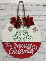 Merry Christmas sign tree Poinsettia Wall Door Porch wood hanging round 14” New - £14.32 GBP