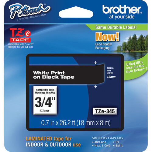 Brother TZe345 3/4" 18mm white on black P-touch tape PT D400 2030 2030VP 2030AD