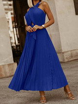 Solid Rib Pleated Long Party Dress Double Criss-cross Halter Hollow(D0102HGRX9U. - £43.83 GBP