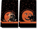 Halloween Kitchen Dish Towel Vintage Creepy Witch Orange Moon Black Cat ... - $25.99