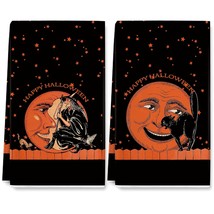 Halloween Kitchen Dish Towel Vintage Creepy Witch Orange Moon Black Cat Tea Towe - £20.77 GBP