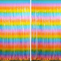 Colorful Metallic Tinsel Foil Fringe Curtains 2Pcs 3.2x8.2ft Metallic Holidays P - £18.41 GBP