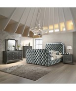 Kana Queen Bed w/LED, Fireplace &amp; TV Stand, Gray Upholstery Velvet - $29,415.23 MXN