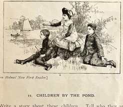 1878 Print Children By The Pond Lessons In English 6 x 4.75&quot; Antique - $19.99