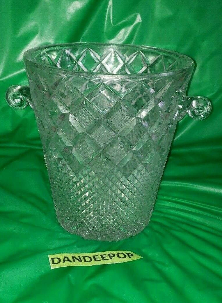 Antique Diamond Cut Textured Pattern Heavy Crystal Ice Bucket With Handles 8 1/4 - $113.84