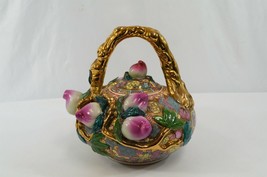 Chinese Longevity Peach Teapot Ceramic Raised Gold Gilt Peranakan Majoli... - $193.32