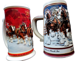 2 BUDWESER STEINS: 25 YRS ANNIVERSARY HOLIDAY 2004 &amp; ANHEUSER-BUSCH SNOW... - $39.60