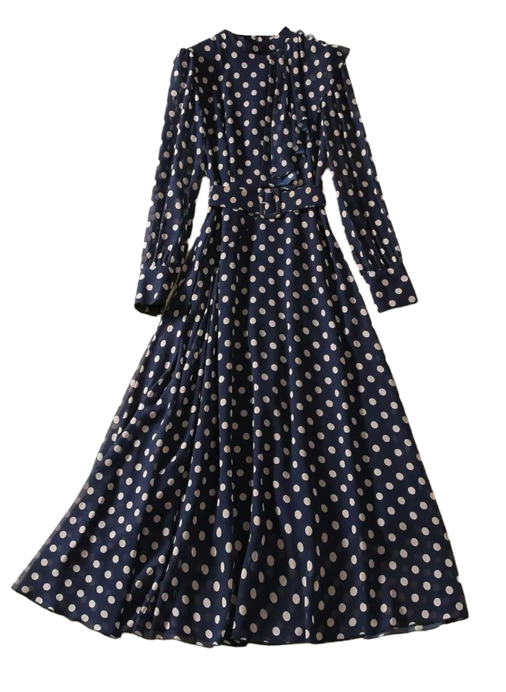 Celeb Style Naomi Watts Inspired Navy/White Polka Dot High-Neck Ruffled Dress Item image 2
