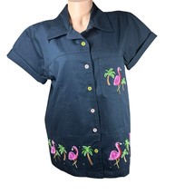 Quacker Factory Black Tropical Denim Jacket Flamingo Embroidered Short S... - $34.64