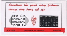 Hamilton Ontario Advertising Card Ink Blotter W A Webb 1945 Calendar Dominion - £6.19 GBP