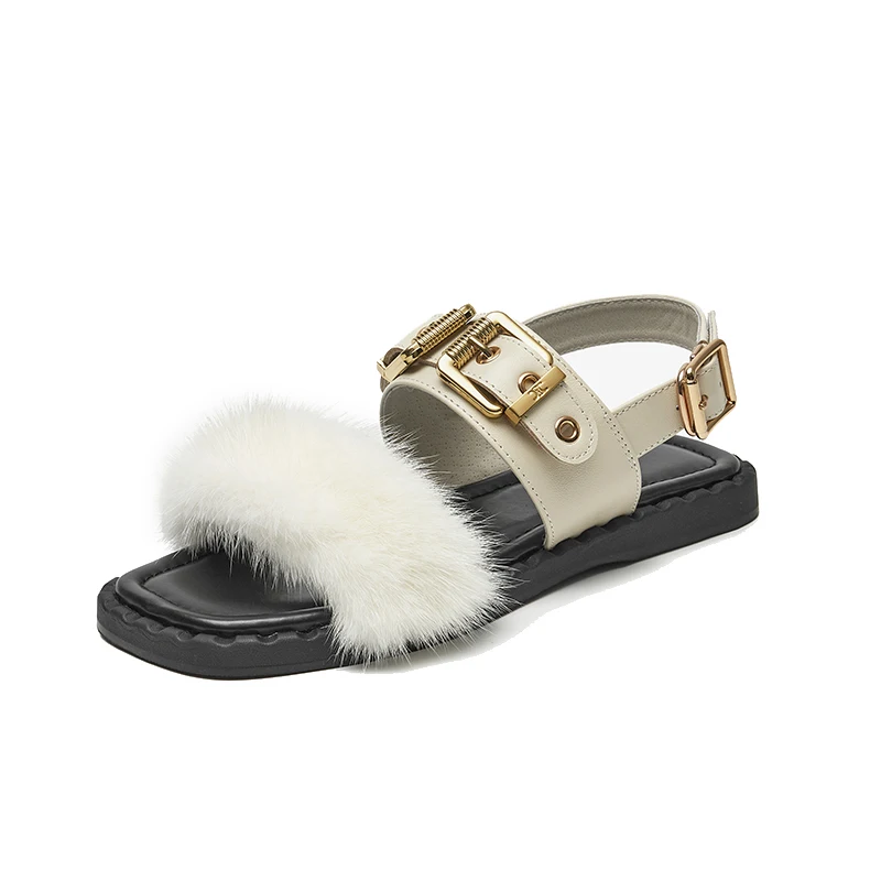 BeauToday ry Sandals Women  Leather Square Toe Mink design Buckle Strap Elegant  - £158.21 GBP