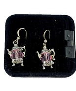 Tiny Teapot Sterling Silver Earrings Dangle Drop Swarovski Pink Floral B... - $39.97