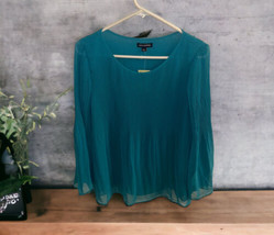 NWT Max Edition Boho Flowy Pleated Blouse Size L Emerald Green Sheer Sleeve - £21.82 GBP