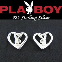 Sterling Silver Playboy Earrings Open Heart Studs Bunny Logo Box Licensed RARE - £39.71 GBP