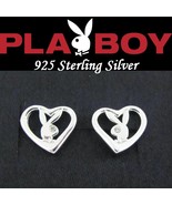 Sterling Silver Playboy Earrings Open Heart Studs Bunny Logo Box License... - $68.94 CAD