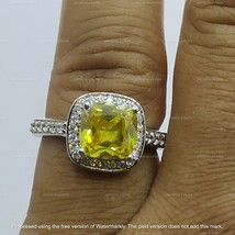 14K White Gold Plated Cushion Canary Yellow Cubic Zirconia Halo Engagement Ring - £73.26 GBP