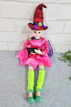 Halloween Fairy Witch 19” Posable Elf Holding Black Cat Pink Green Decor... - $44.99