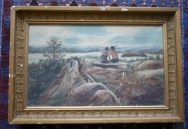 Vtg Antique 1900s Child Spying on Native American Indian Couple Kissing Painting - £316.97 GBP